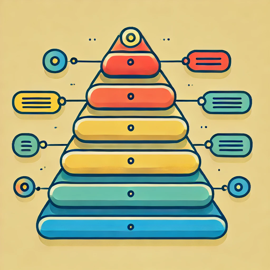 An illustrated, multi-level pyramid diagram with rounded, colorful layers, each connected to smaller labeled nodes on both sides. The pyramid's layers are colored in gradient shades of blue, yellow, and red, symbolizing a structured hierarchy or custom framework