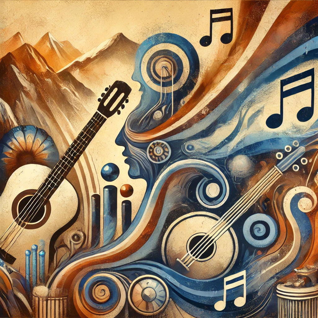 Stylized art depicting the universal themes of pain and healing through the blending of blues and Andean music traditions.